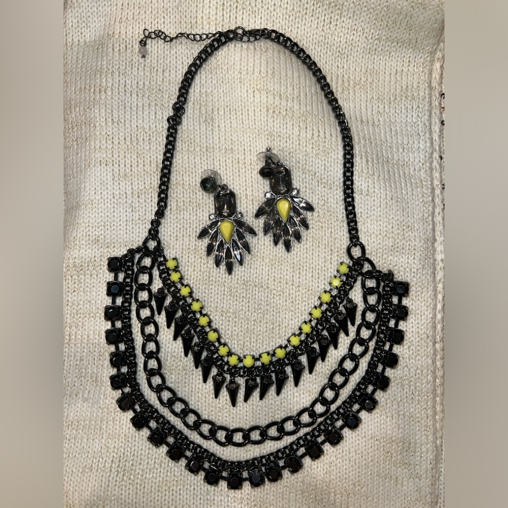 Avon Multi-Strand Gunmetal & Citrine-Look Necklace with Matching Earrings